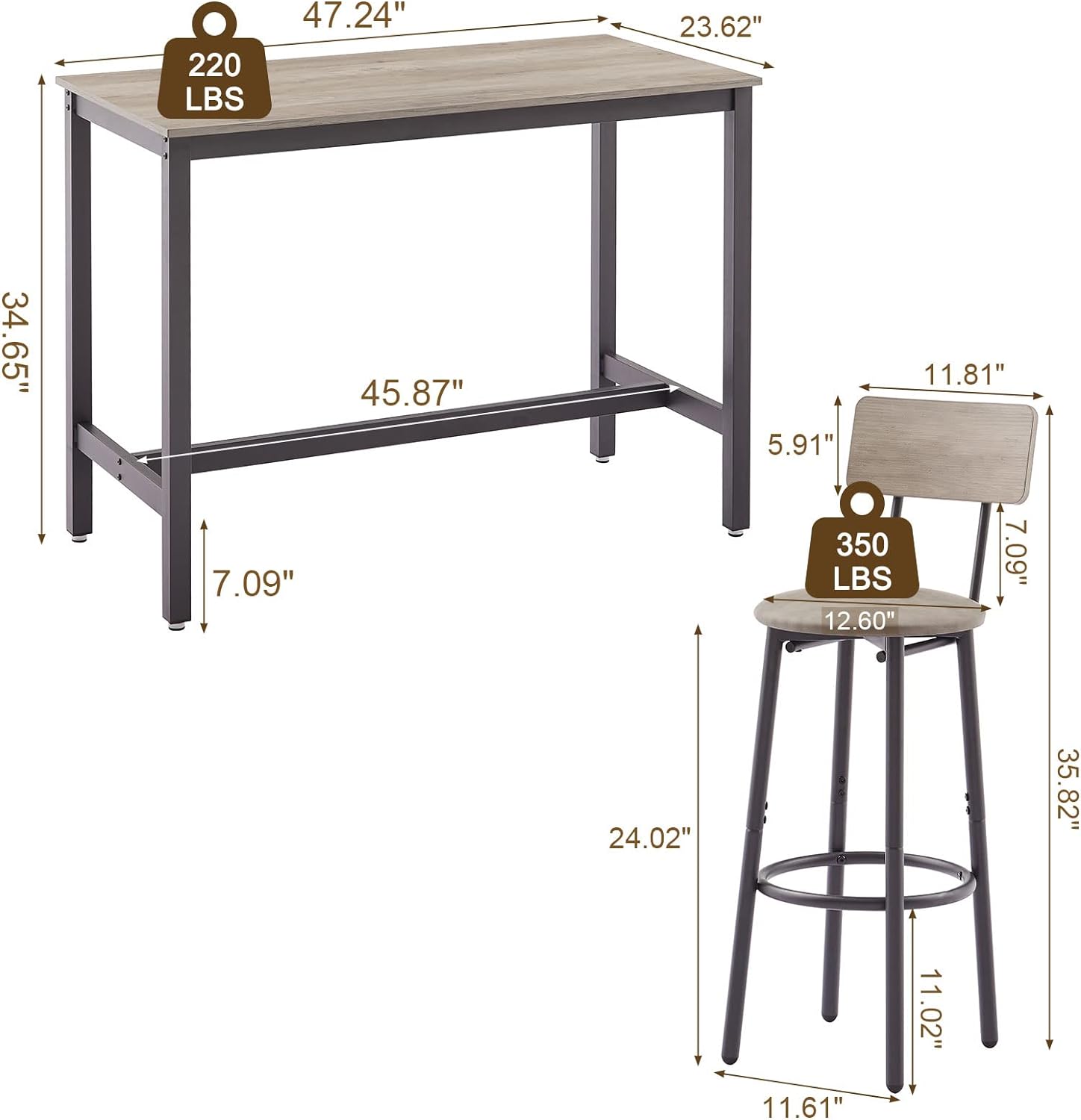 Juego de mesa y sillas de bar para 4, mesa rectangular de 5 piezas y taburetes