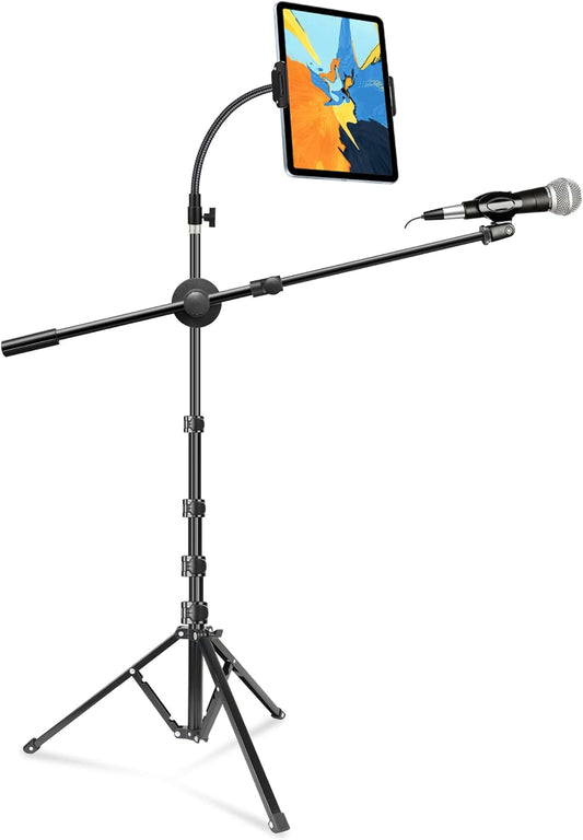Soporte de micrófono Boom con soporte para iPad, soporte de micrófono