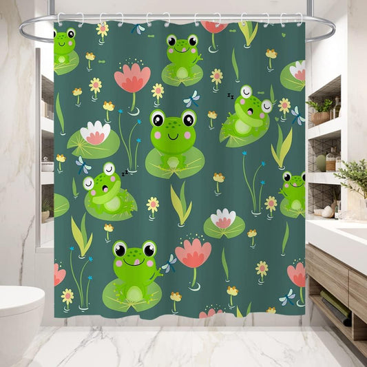 Cortina de ducha con diseño de rana, diseño de hojas de loto, decoración de - VIRTUAL MUEBLES