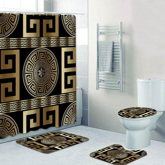 Juego de 4 piezas de baño geométricos negro dorado griego meandro, alfombra de - VIRTUAL MUEBLES