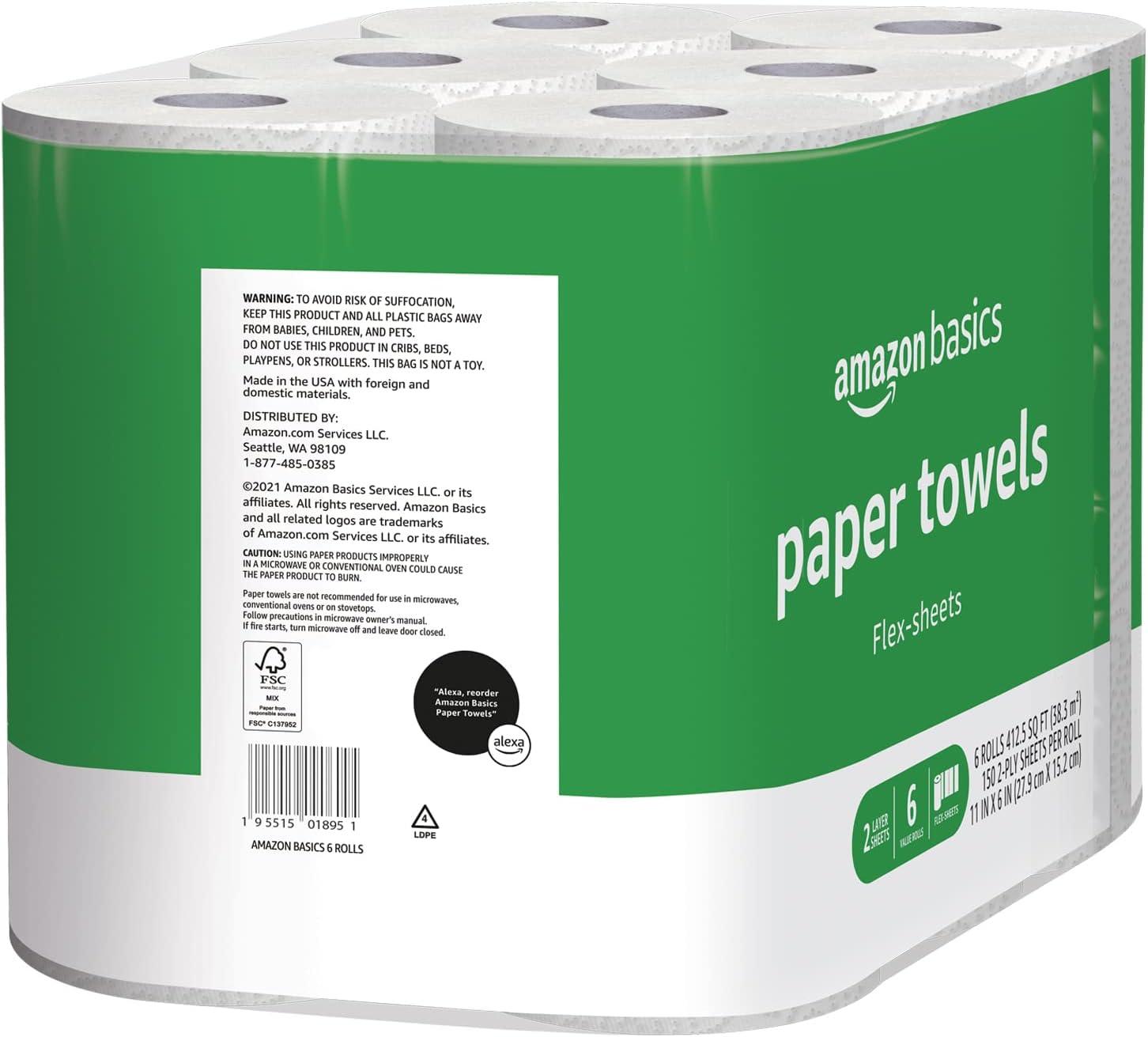 Basics Toallas de papel de 2 capas, hojas flexibles, 2 rollos