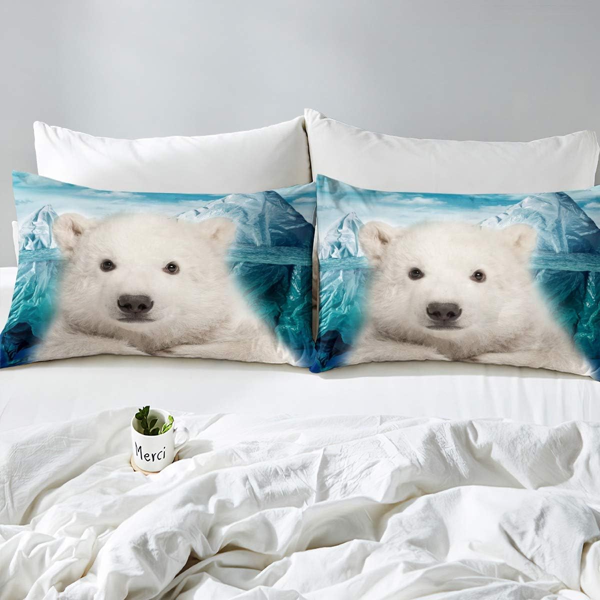 Juego de ropa de cama de oso polar, funda de edredón con estampado de iceberg