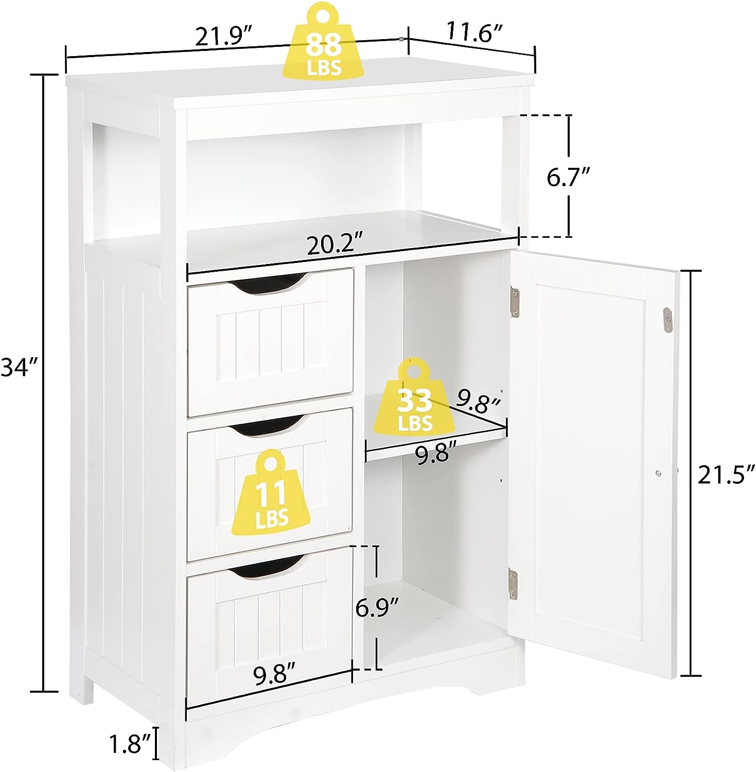 Armario de almacenamiento moderno para baño con 3 cajones y estante ajustable,
