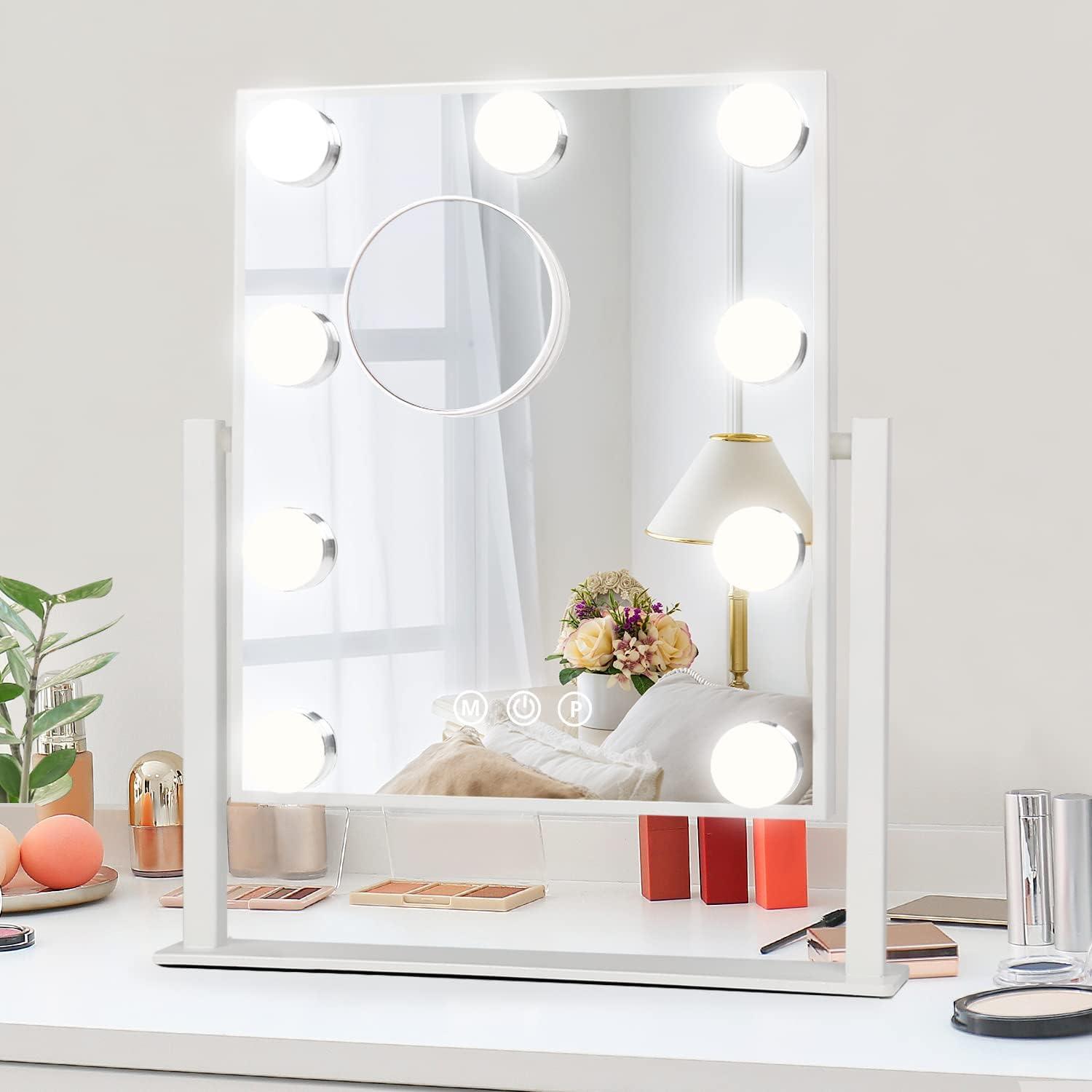 Espejo de tocador con luces, espejo de tocador iluminado con 9 bombillas  regulables para vestidor y dormitorio, iluminación de 3 colores, modos