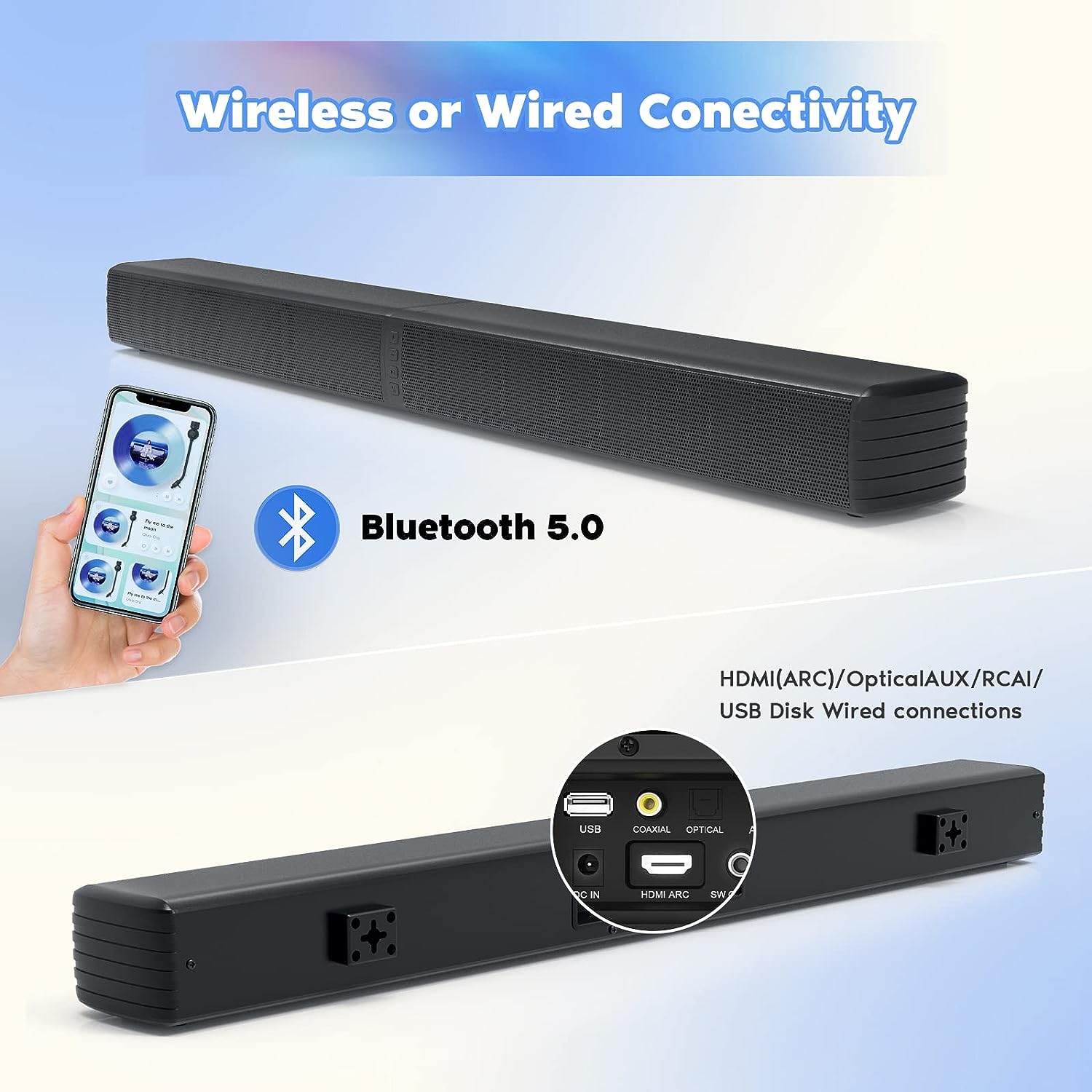 Barra de sonido para TV, con subwoofer integrado, Bluetooth 5.0