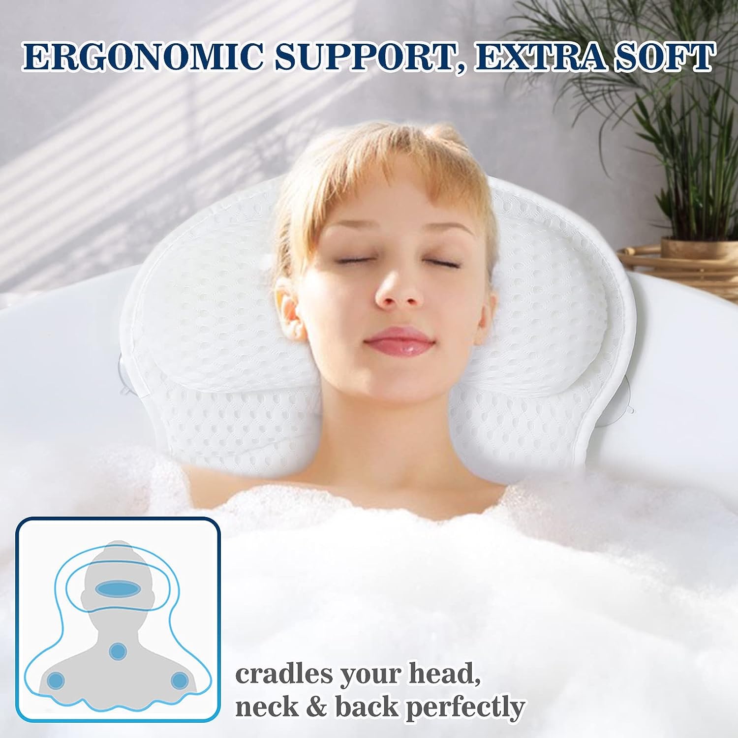 Almohada de baño para bañera, soporte para cuello, cabeza y espalda con  ventosas antideslizantes, malla de