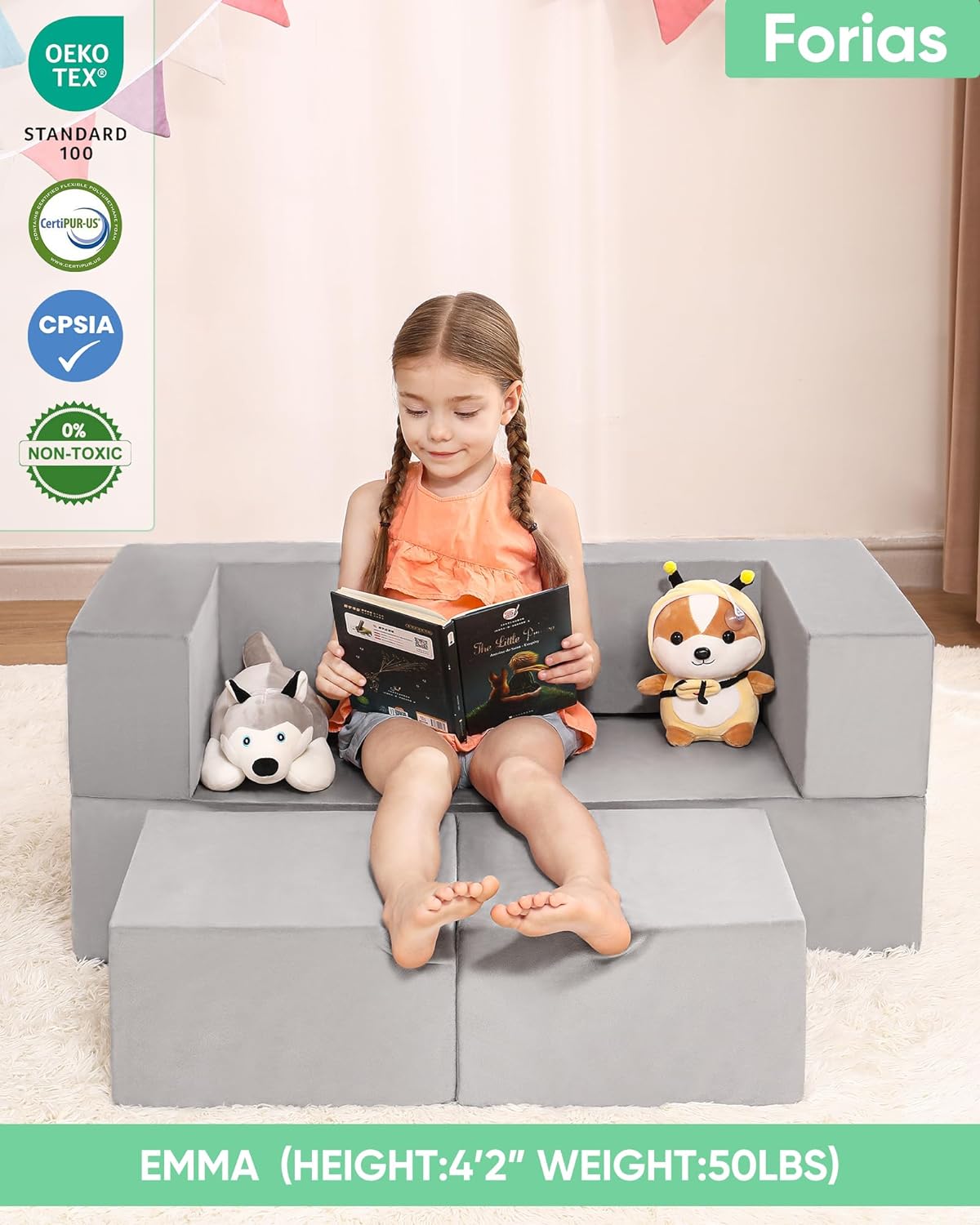 ReunionG Sofá infantil con reposapiés sofá tapizado para niños con oto -  VIRTUAL MUEBLES