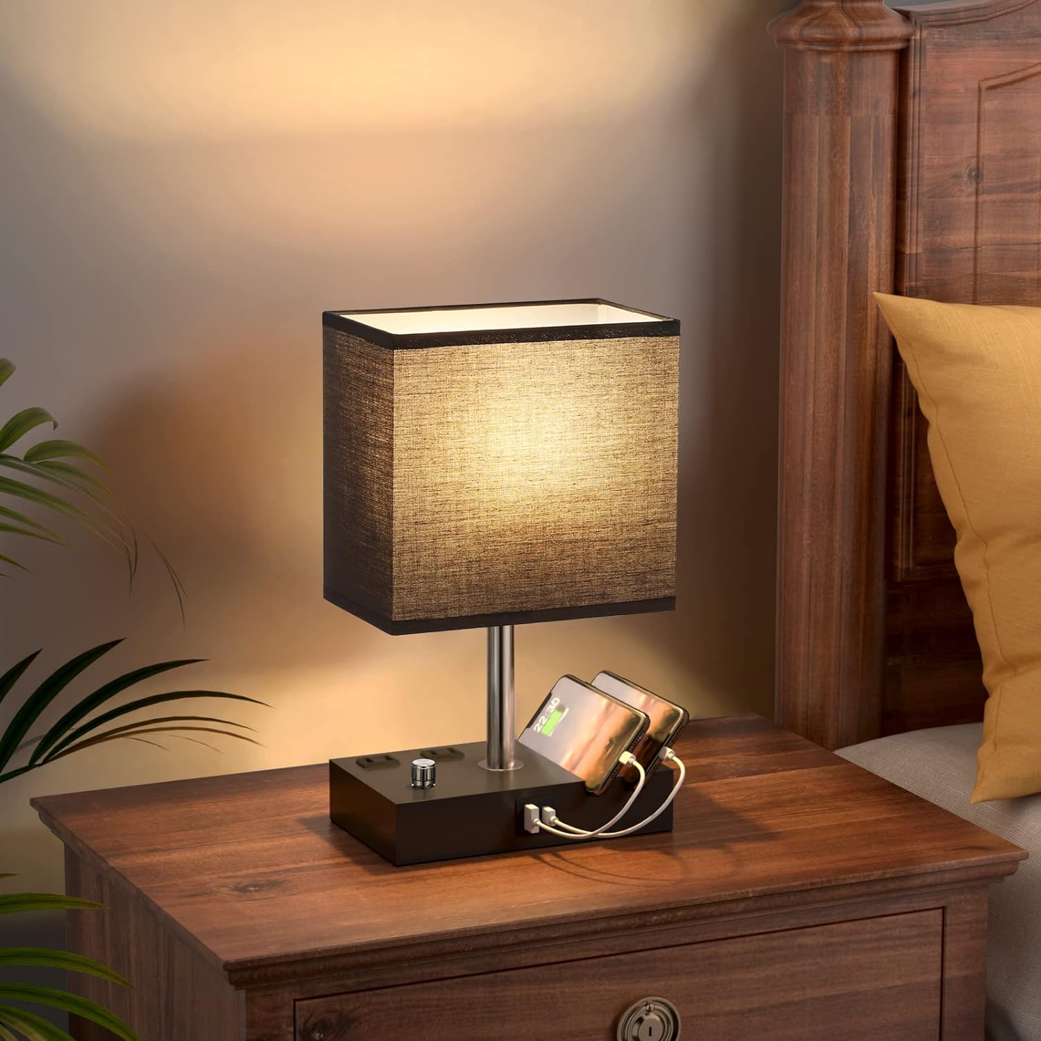 Lámpara de mesa para dormitorio con puertos USB duales, lámpara de noche negra