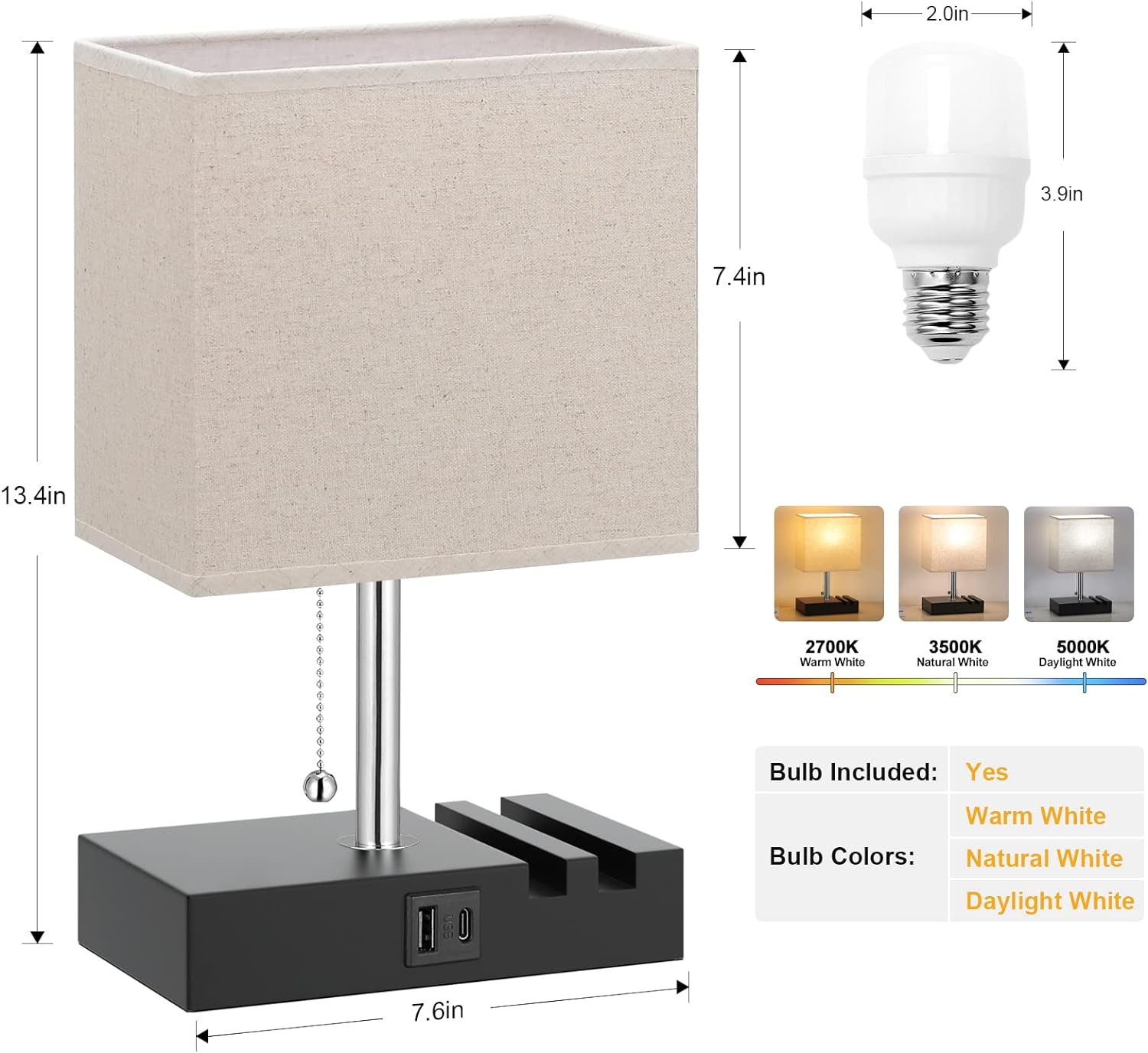 Lámpara de mesa USB para dormitorio con brillo de 3 colores lámpara de mesita