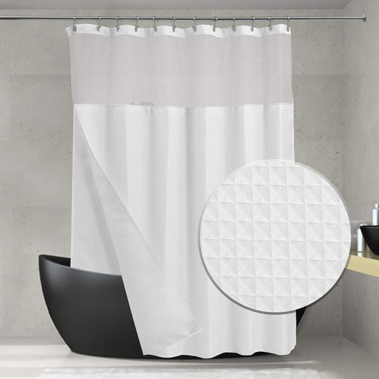 Juego de cortina de ducha de tejido gofre con forro de tela a presión y ganchos - VIRTUAL MUEBLES