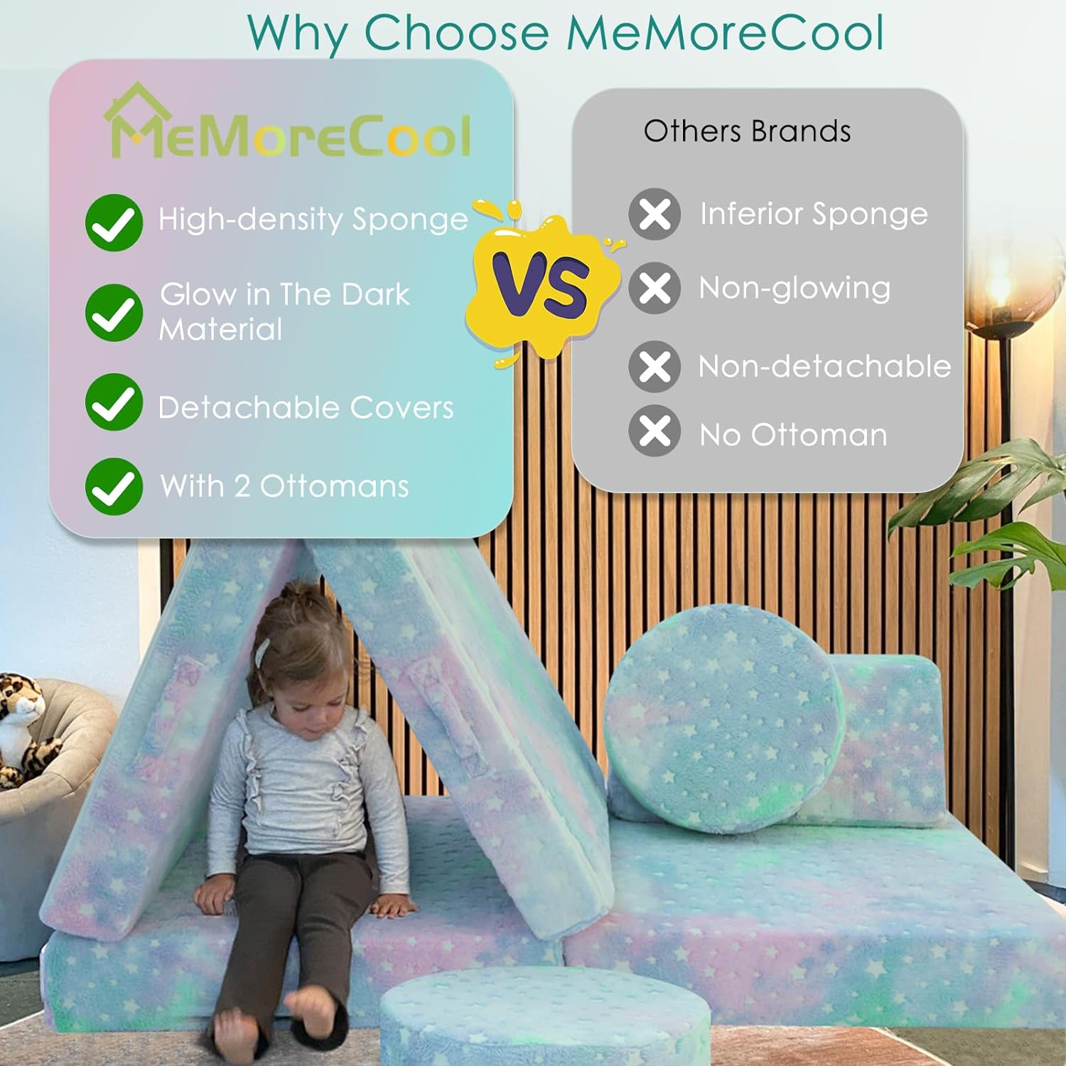 MeMoreCool Sofá modular para niños, sofá seccional brillante, estrella colorida