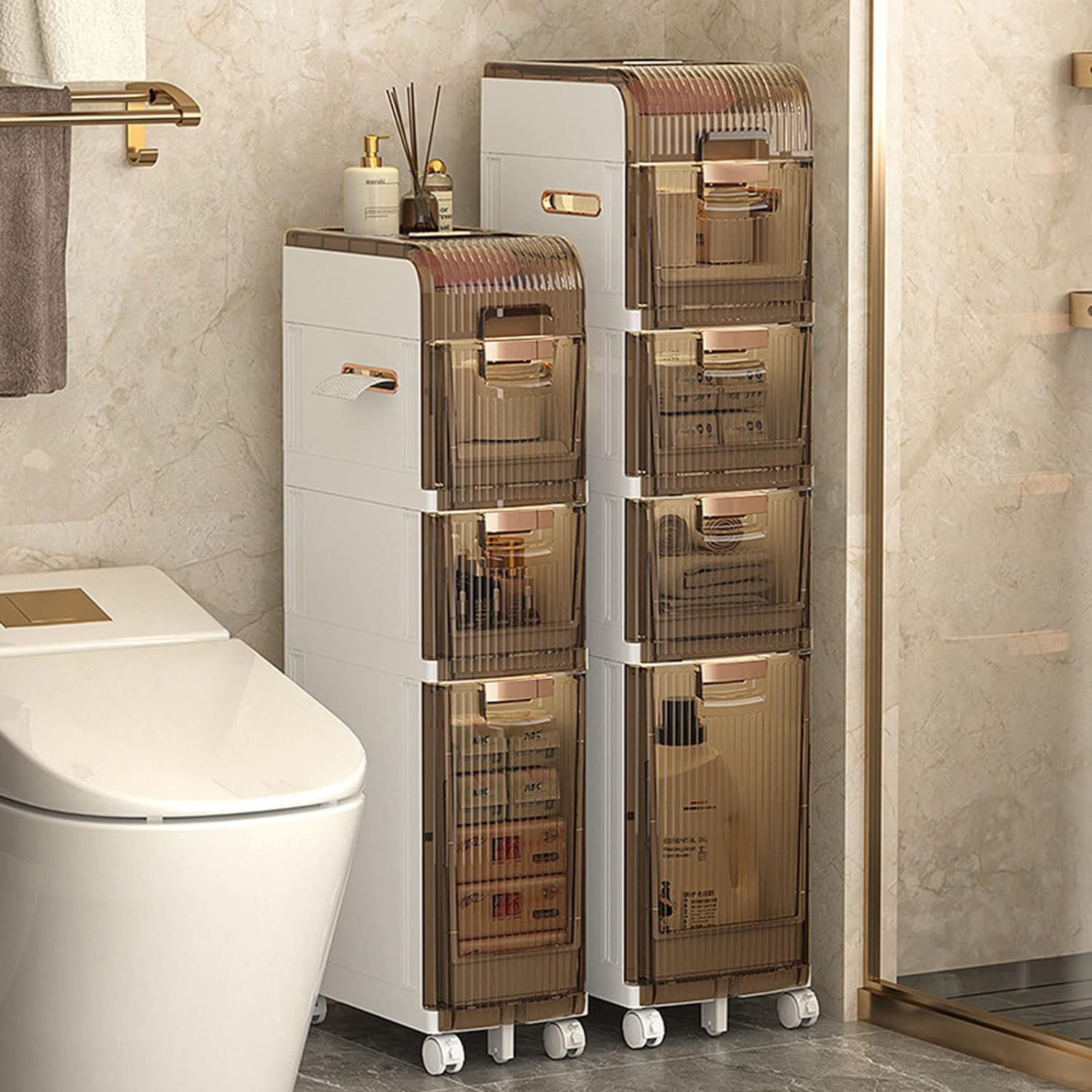 Armario estrecho para baño, pequeño armario de almacenamiento de baño con 4  cajones, organizador de gabinete de baño independiente para baño
