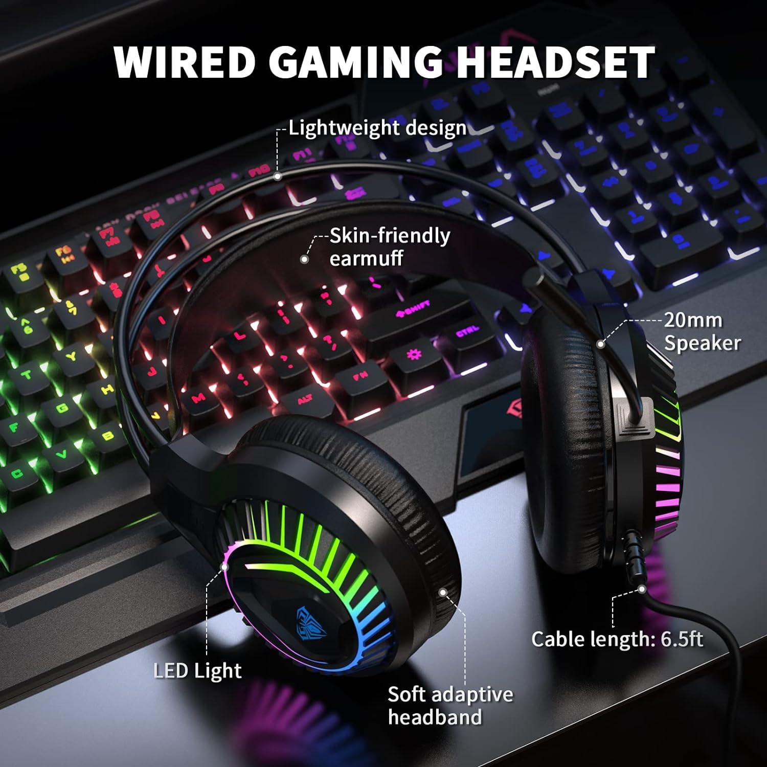 AULA Paquete de teclado, ratón, auriculares y alfombrilla de mouse  retroiluminados LED RGB para PC, Xbox y PS4