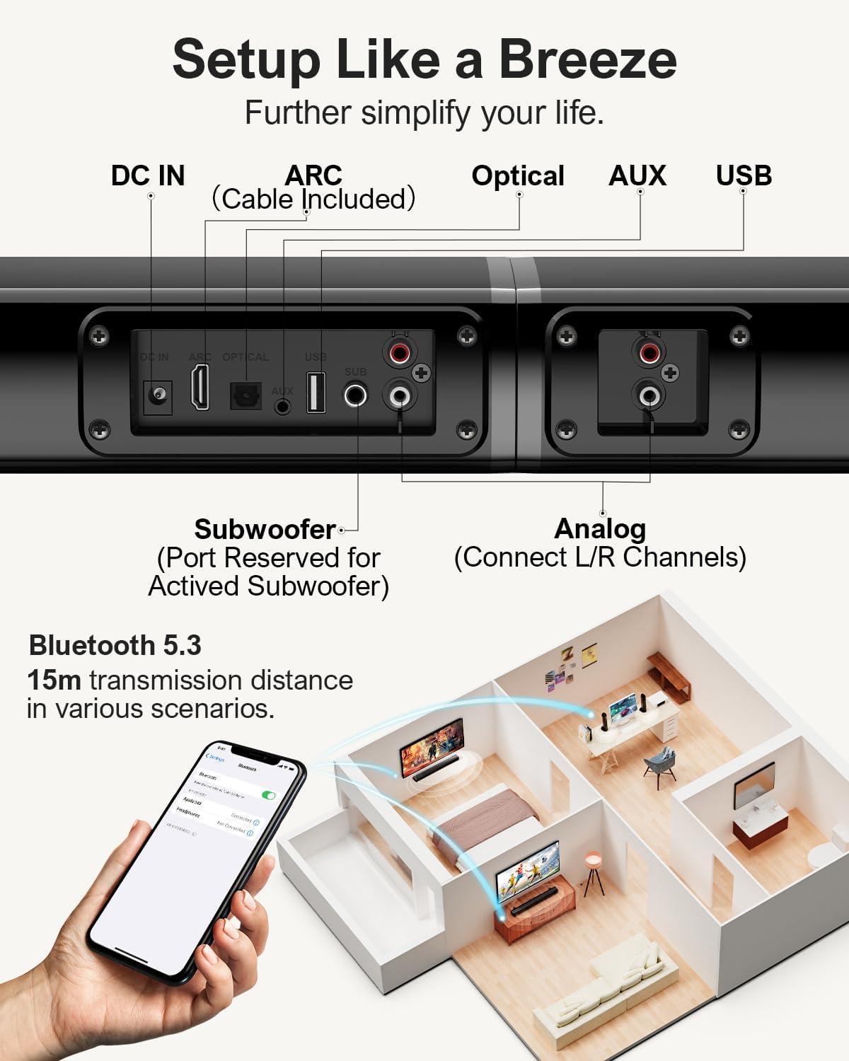 Barra de sonido para TV, barra de sonido de TV Bluetooth 5.0, barra de sonido