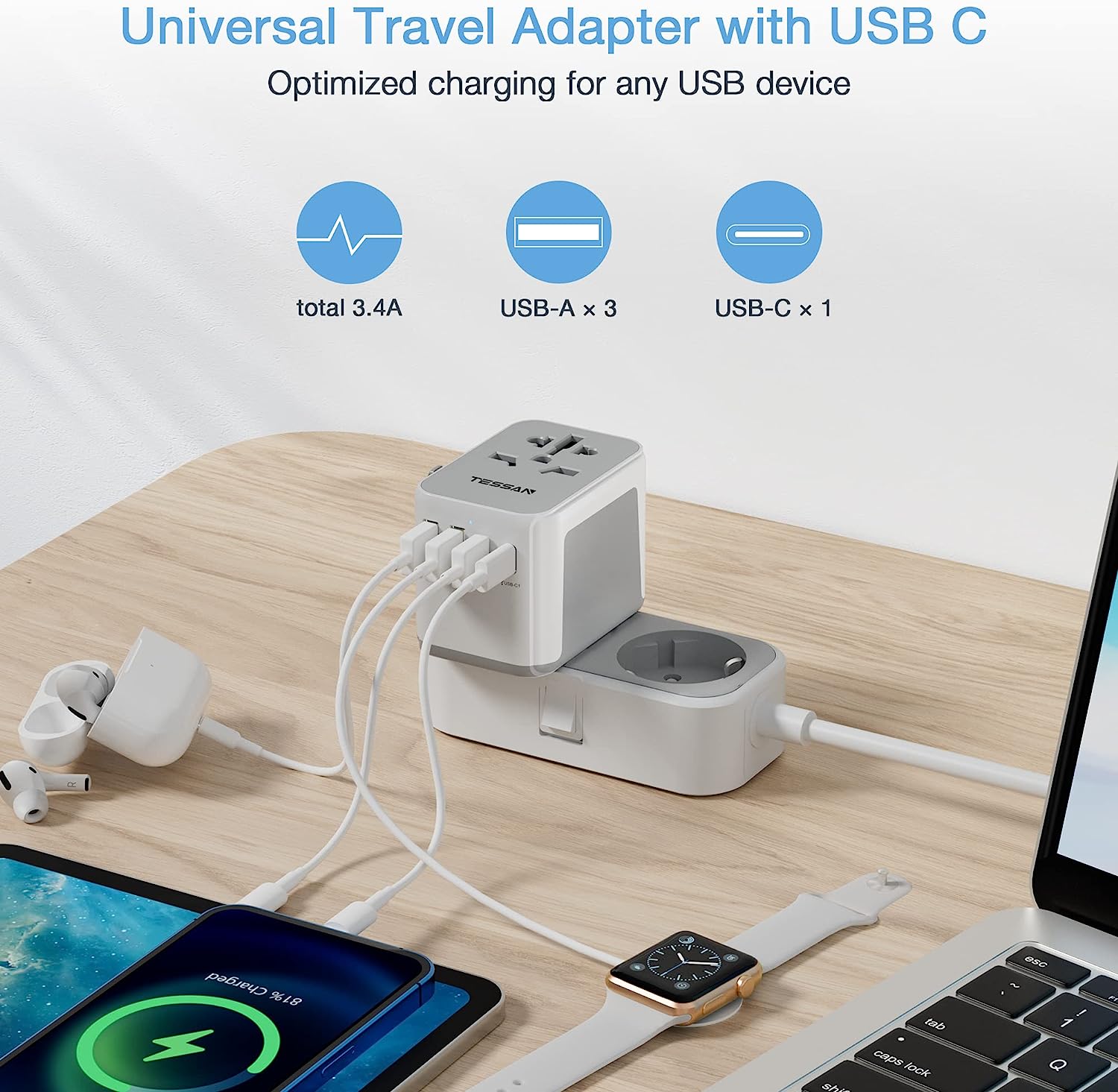 Adaptador de viaje, adaptador de enchufe universal para viajes en todo el  mundo, adaptador de corriente internacional USB tipo C, convertidor de