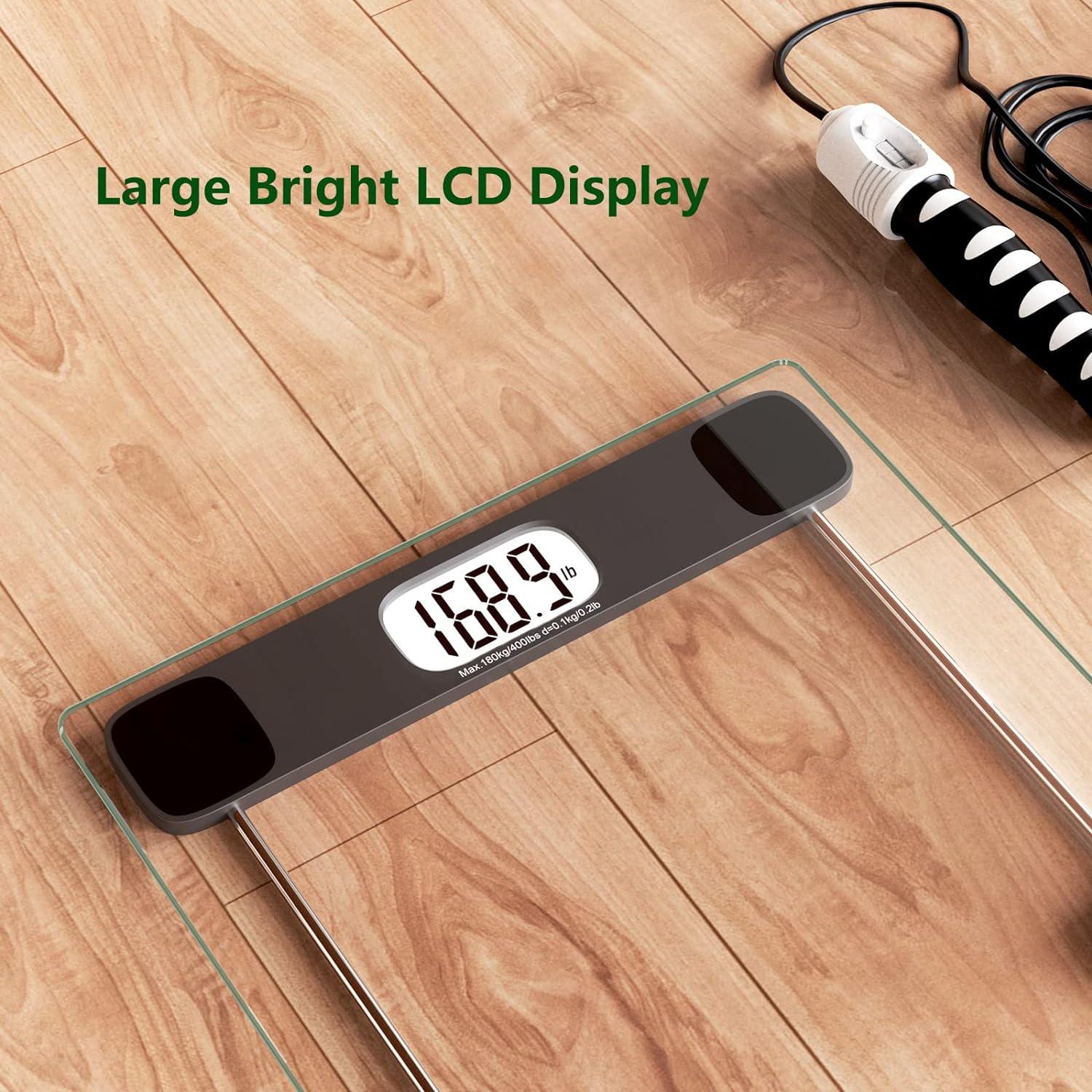 BEAUTURAL Báscula digital de baño para peso corporal, pantalla LCD, 400  libras, 4 pilas AAA y cinta métrica incluidas, vidrio templado