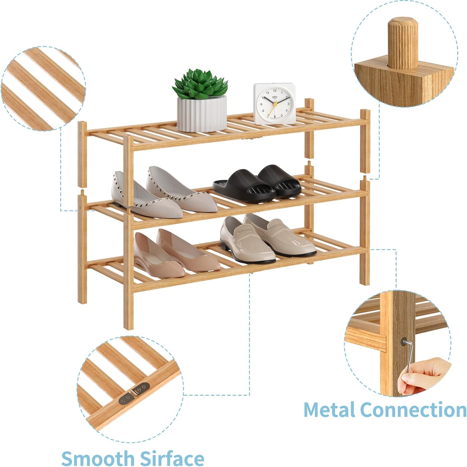 Zapatero de 3 niveles para entrada, zapatero de madera de bambú, zapatero  independiente para interiores y exteriores, organizador de zapatos apilable
