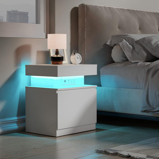 Cozy Mesita de noche LED blanca con luces LED y estación de carga, pequeña