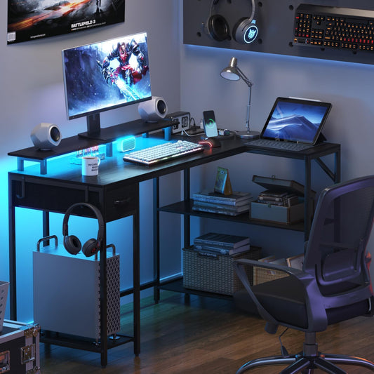Escritorio de juegos en forma de L con toma de corriente y luz LED, escritorio