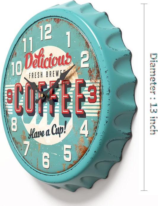 Reloj de pared retro de hierro con diseño de tapa de botella, estilo vintage,