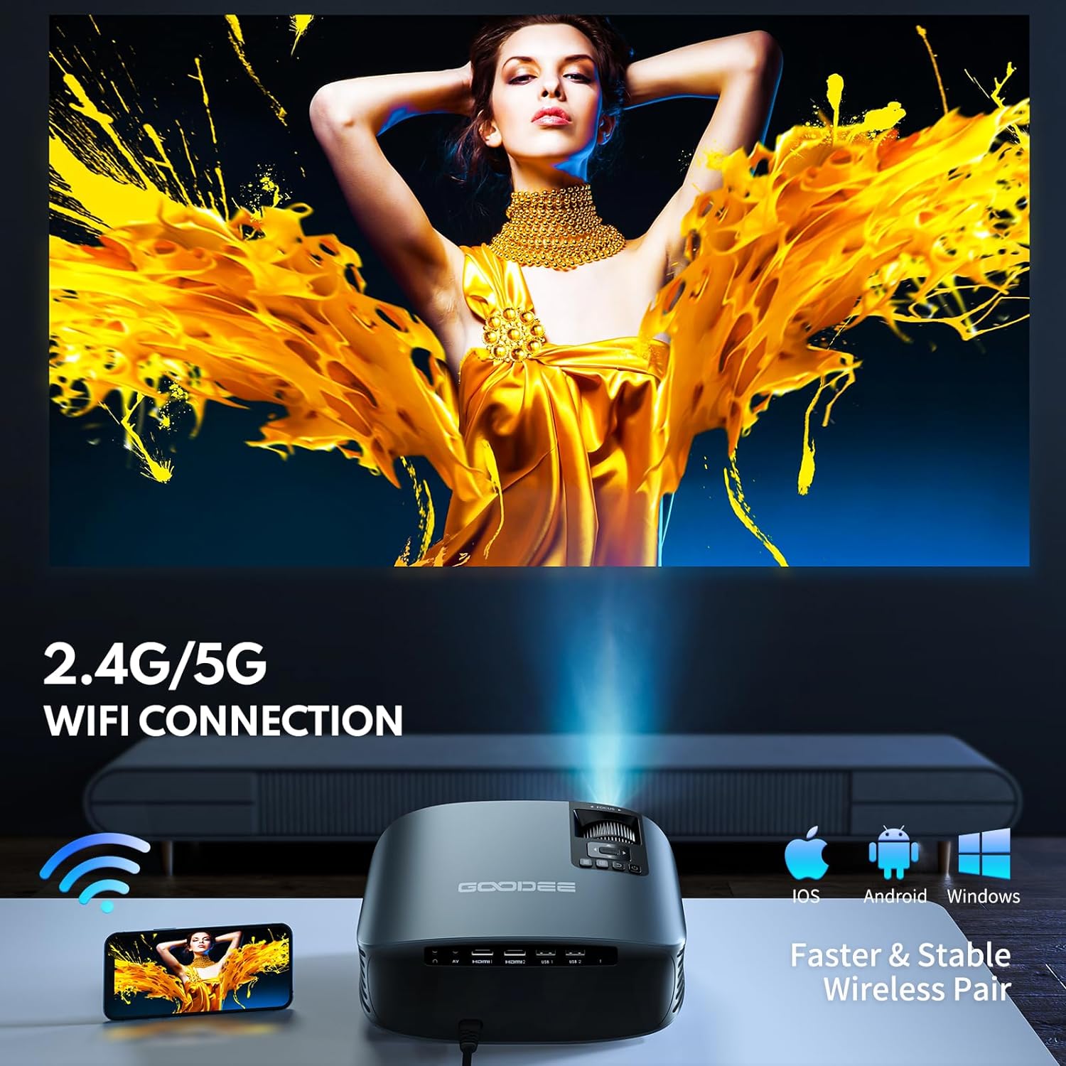 Proyector 4K con WiFi y Bluetooth compatible, FHD 1080P Mini proyector para