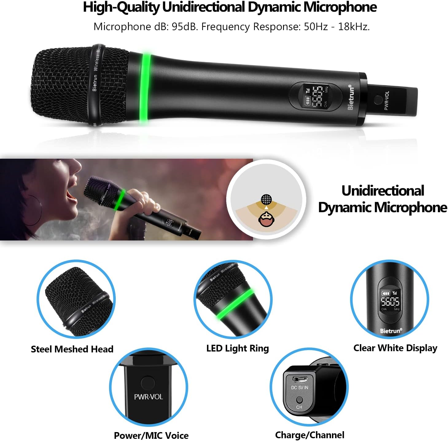 Micrófono inalámbrico Bluetooth para Karaoke, altavoz HiFi multifunción,  micrófono condensador inalámbrico portátil con luz LED, color negro Ticfox