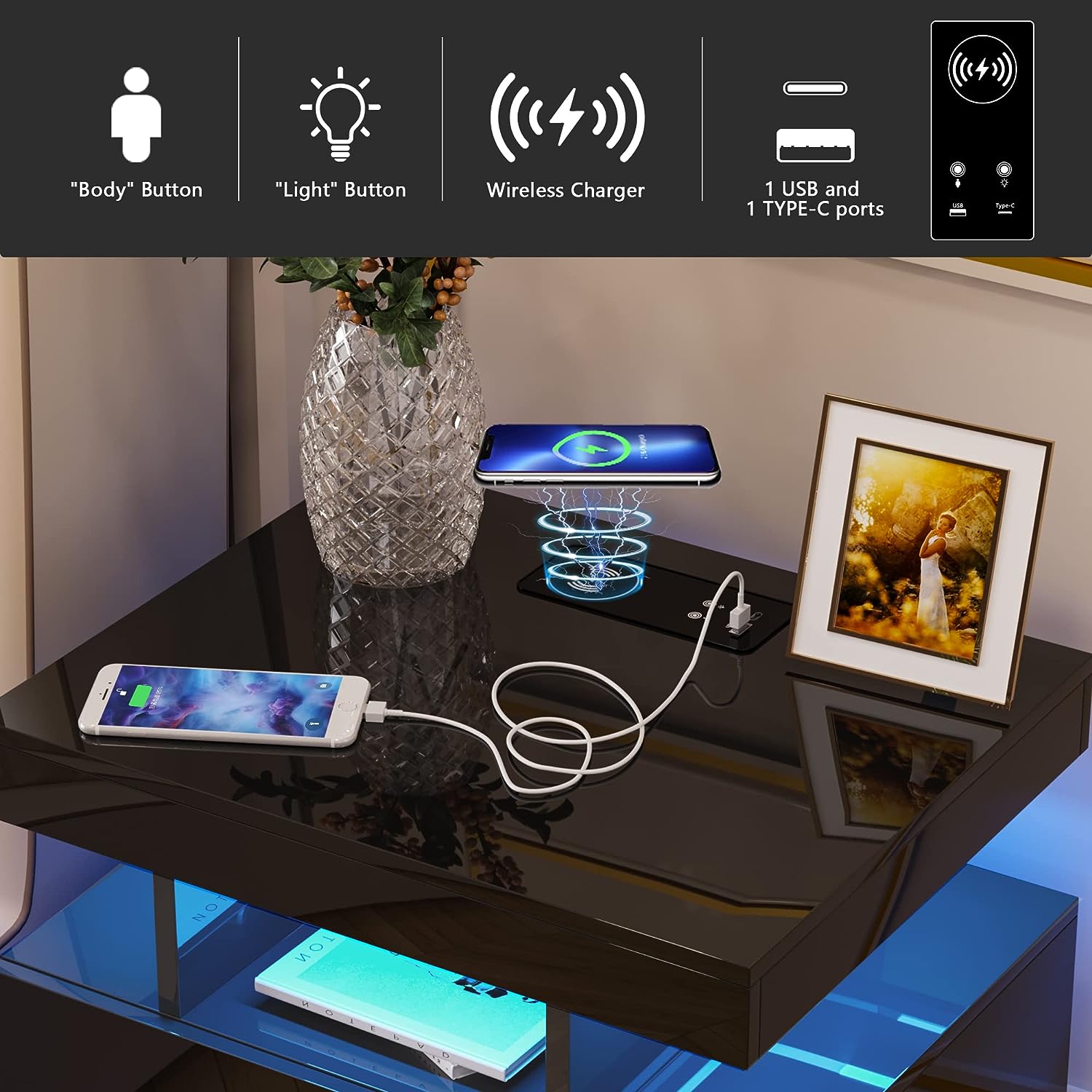 Dytler – Mesita de noche inteligente RGB con estación de carga inalámbrica  y puerto USB mesita de noche moderna con LED 2 cajones con cerradura – Yaxa  Guatemala