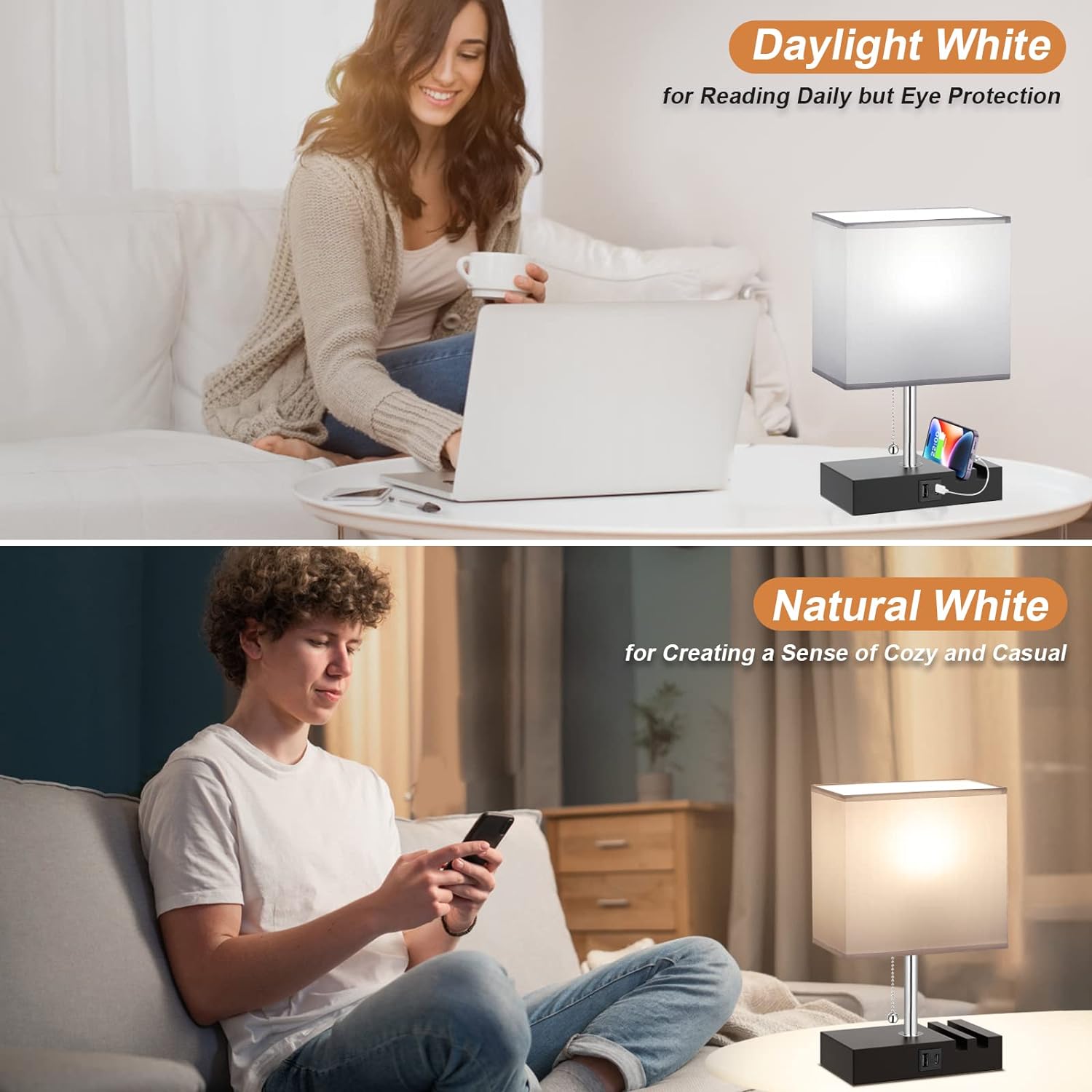 Lámpara de mesita de noche para dormitorio con puertos USB C, pequeña lámpara