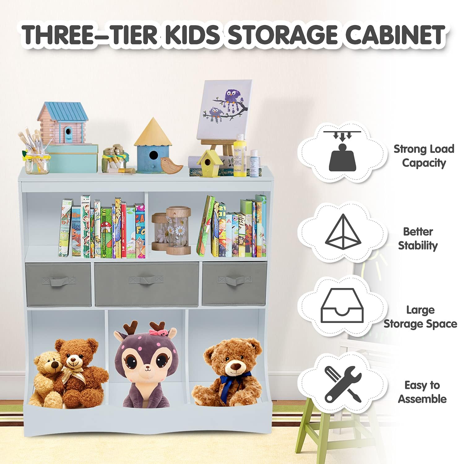 Gabinete organizador de juguetes de 3 niveles para niños y estantería con 3