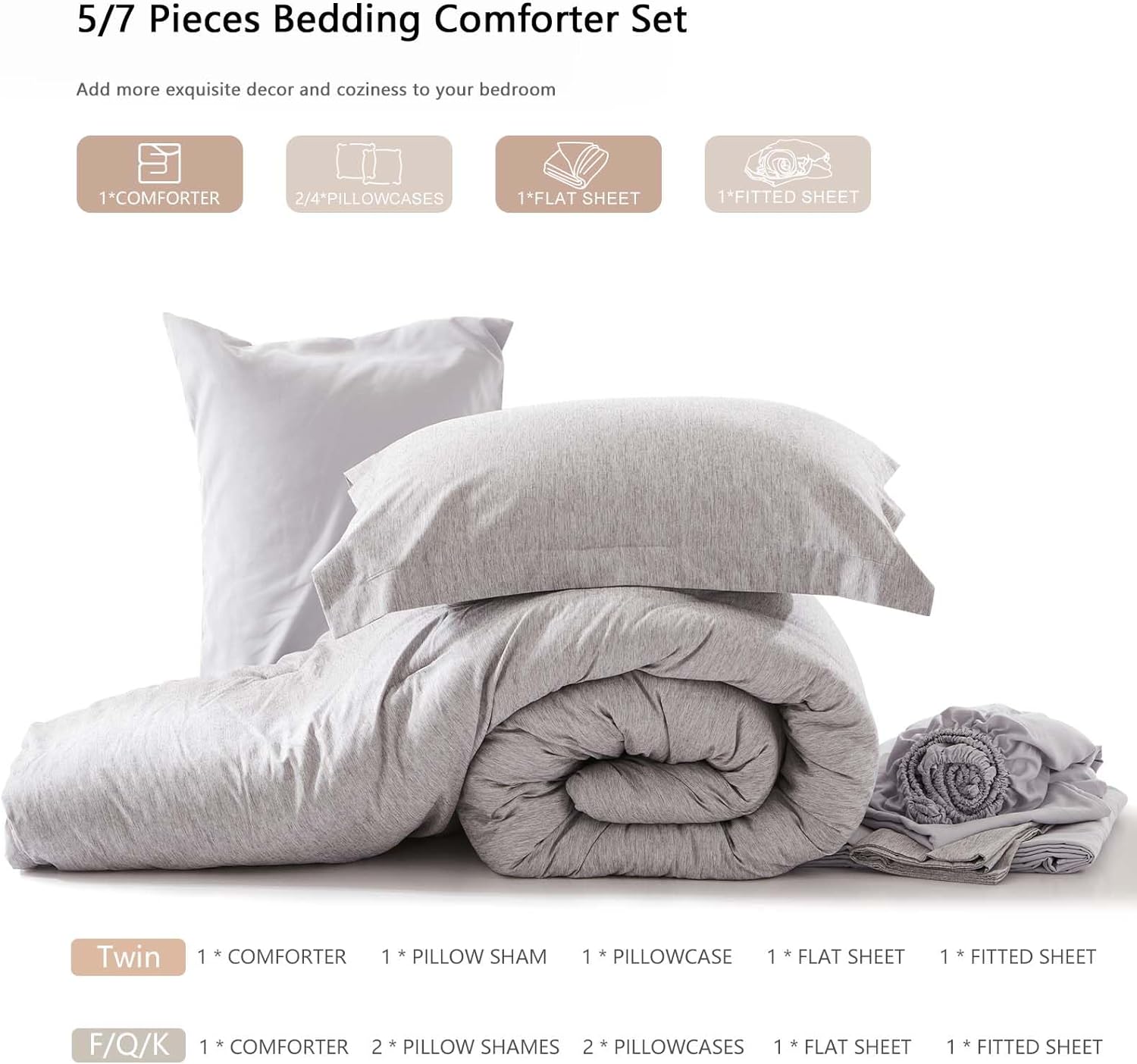 Bed in a Bag Juego de edredón de 5 piezas, tamaño individual, color gris, suave