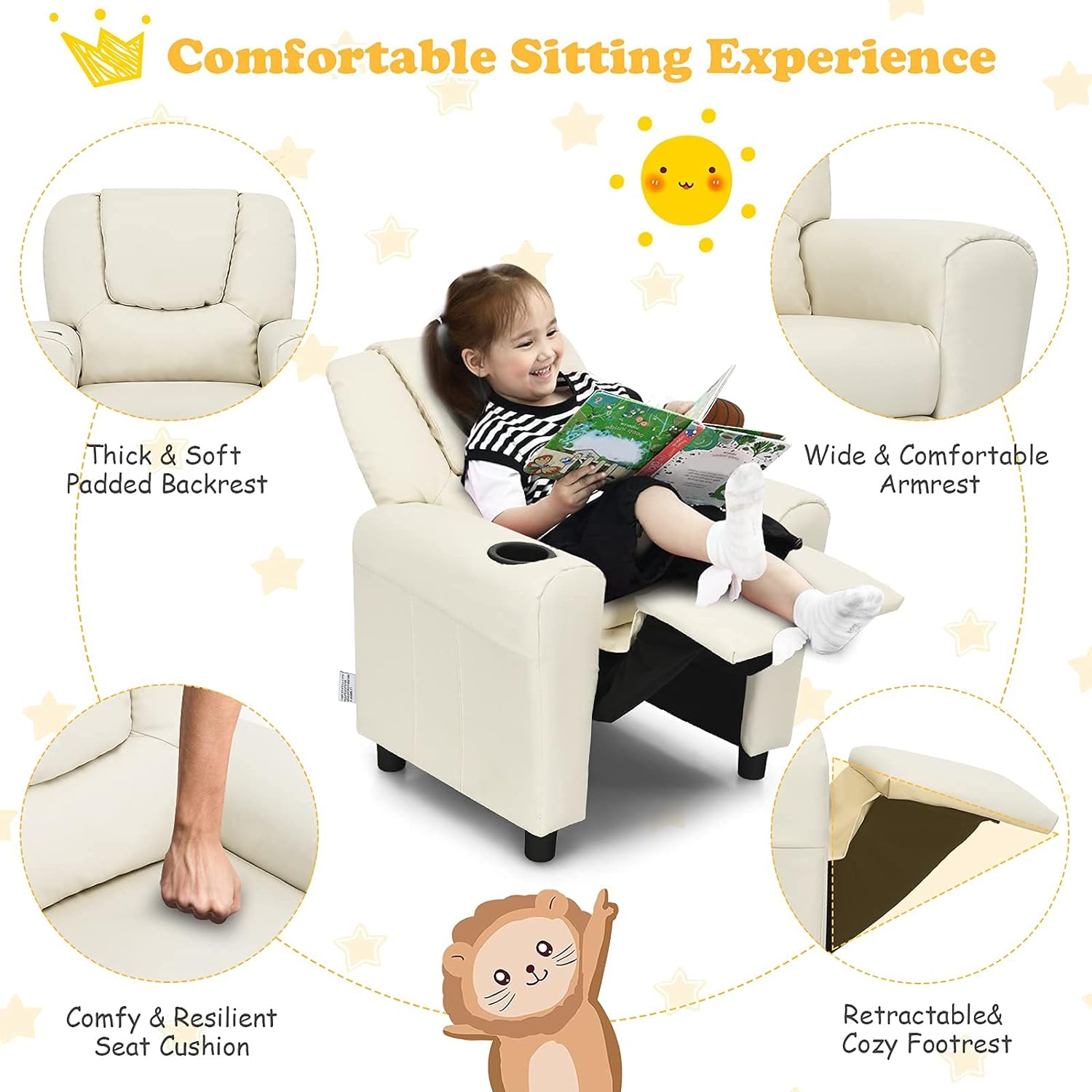 ReunionG Sofá reclinable para niños sillón infantil con soporte para tazas