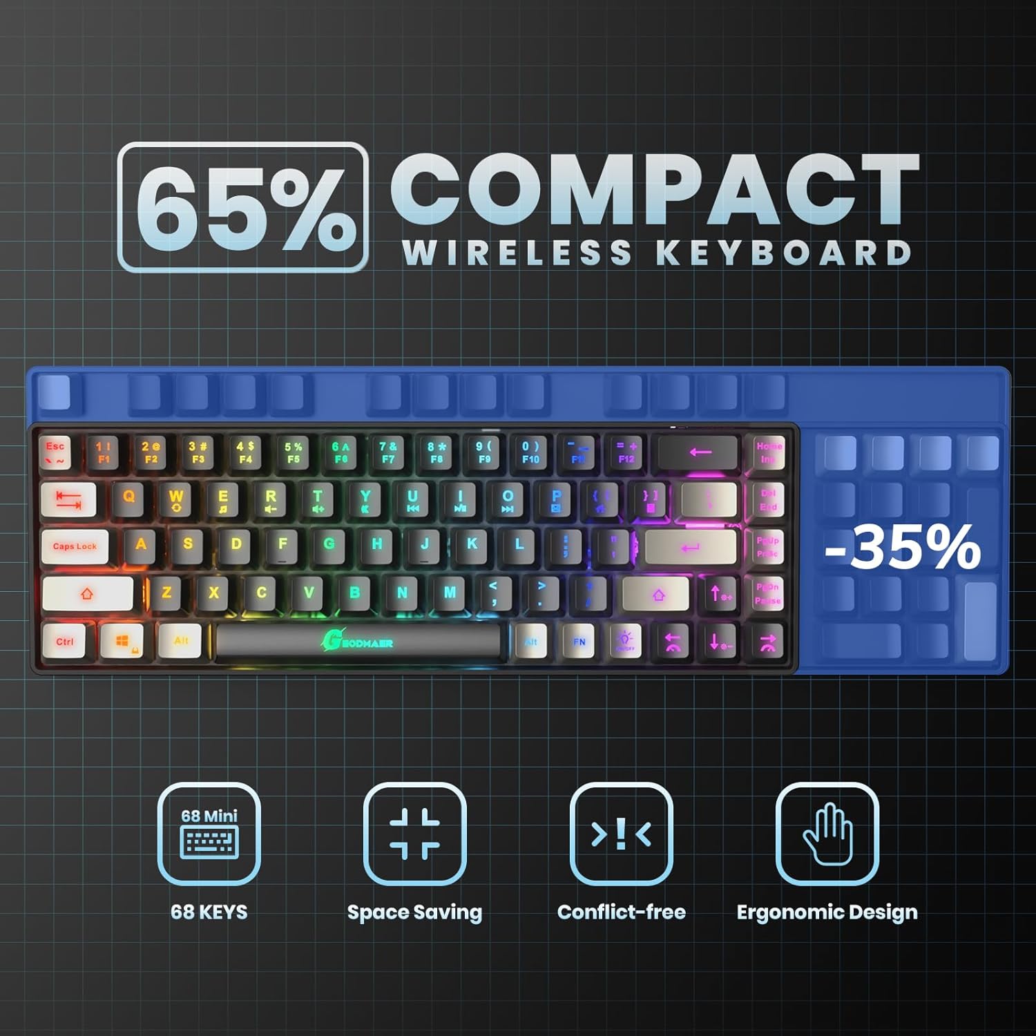 Teclado inalámbrico 65% para juegos, teclado retroiluminado recargable para
