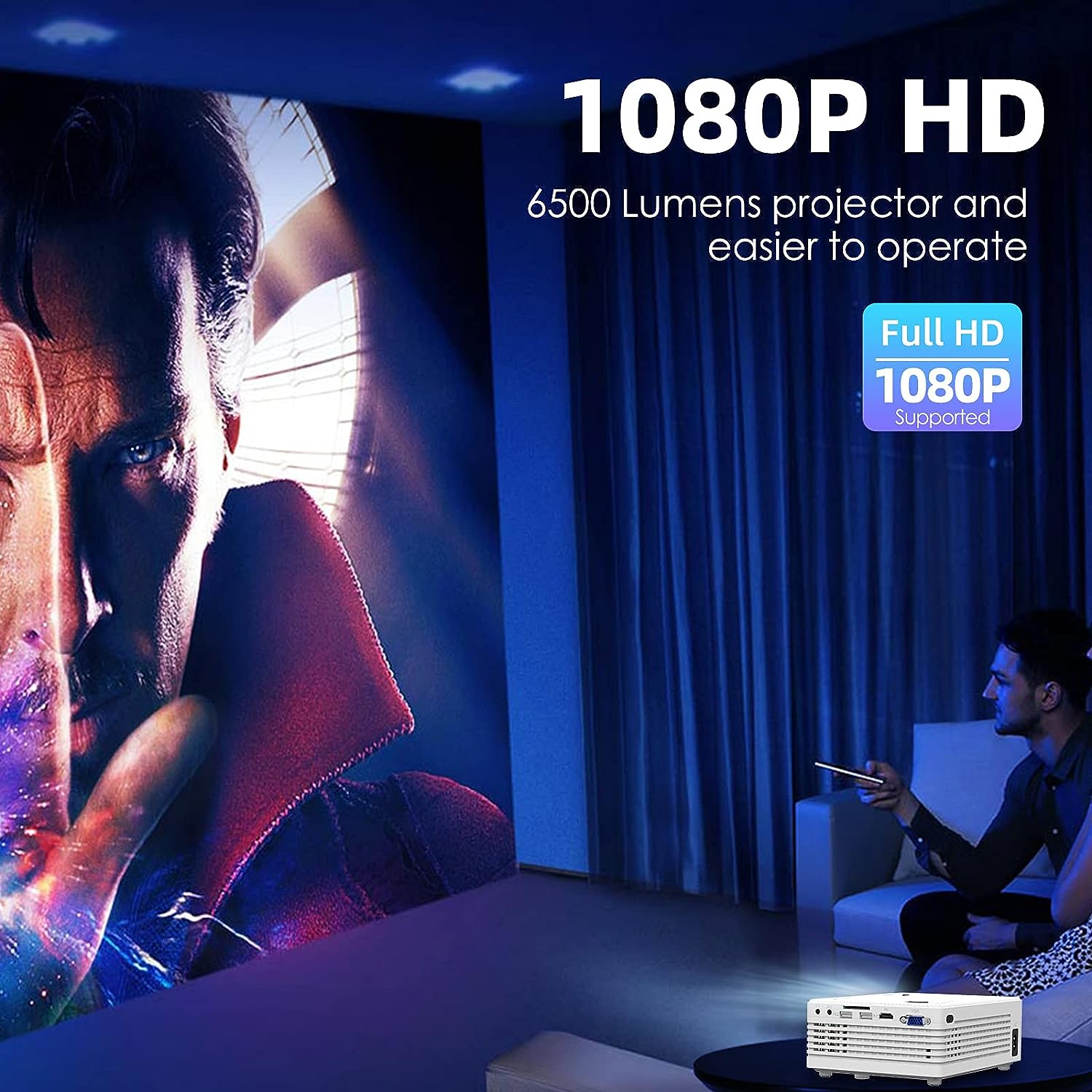 Proyector portátil 4500 lúmenes para entretenimiento de cine en casa, Full HD