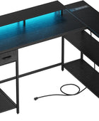 Escritorio de juegos en forma de L con toma de corriente y luz LED, escritorio