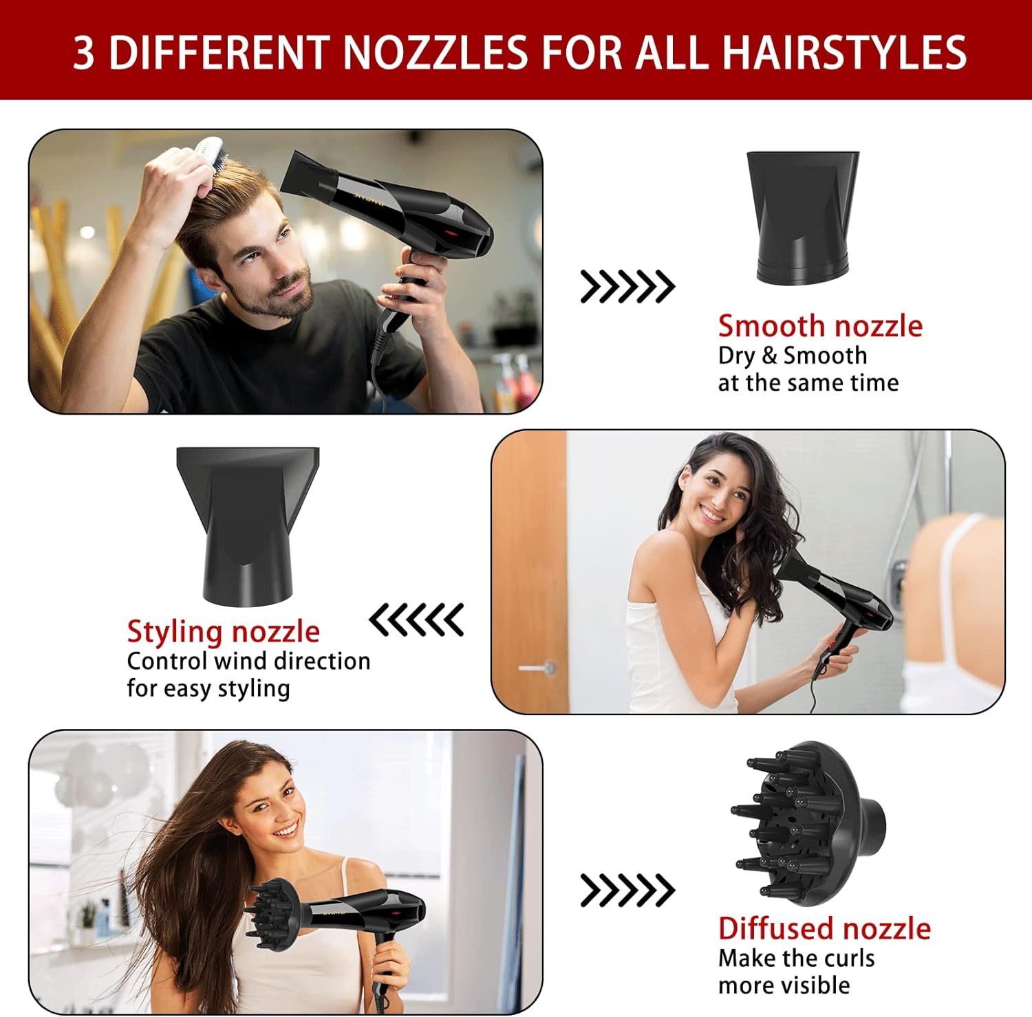 Secador de pelo, potente secadora de 3000 W con difusor, secador de pelo iónico