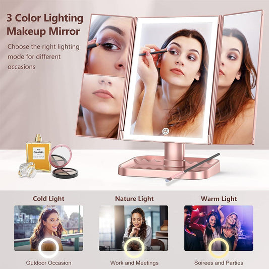 Espejo de maquillaje con espejo de aumento de 10X, iluminación de 3 colores, 72 - VIRTUAL MUEBLES