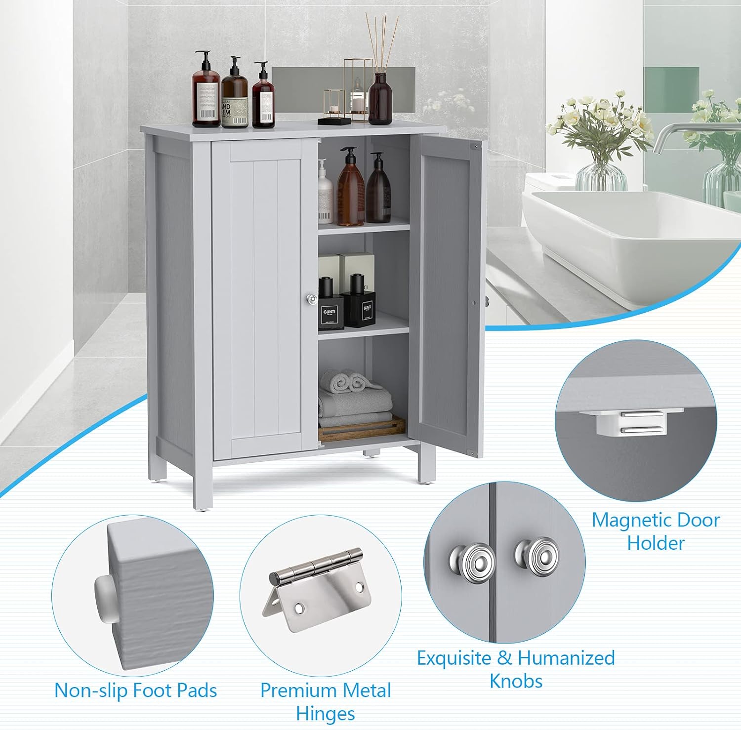 Armario de suelo de baño, armario de almacenamiento de 3 niveles con puerta