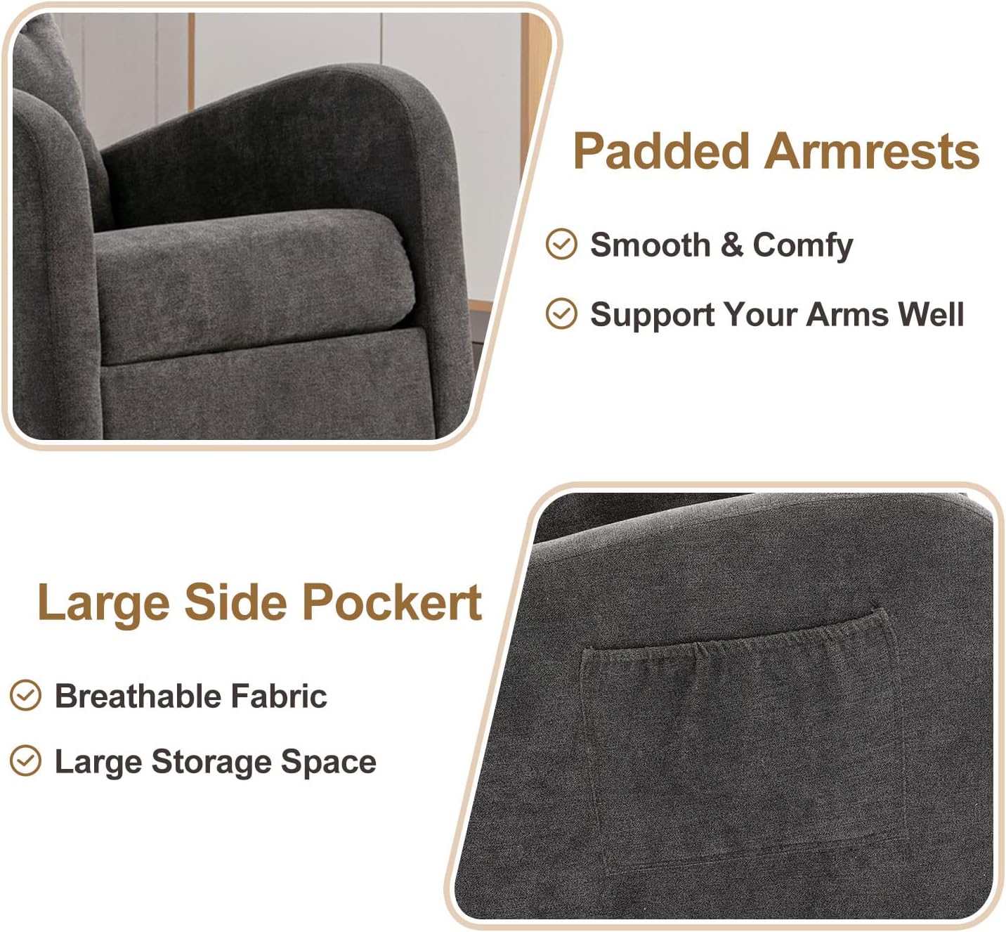 Mecedora moderna, tapizada para guardería, cómoda silla con bolsillo lateral