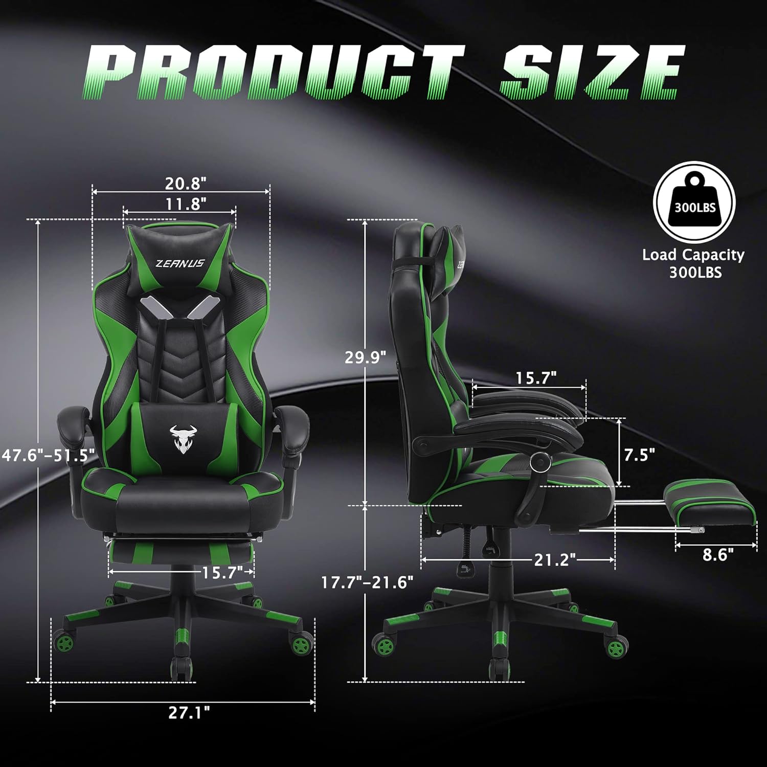 Silla de juegos verde con respaldo alto y reposapiés, silla reclinable para