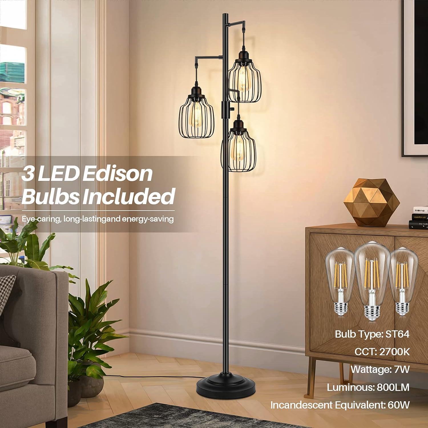  Lámpara de pie regulable, 3 bombillas LED Edison de 800LM  incluidas, lámpara de pie industrial de granja con elegantes cabezas de  jaula de lágrimas, lámparas altas para la sala de estar