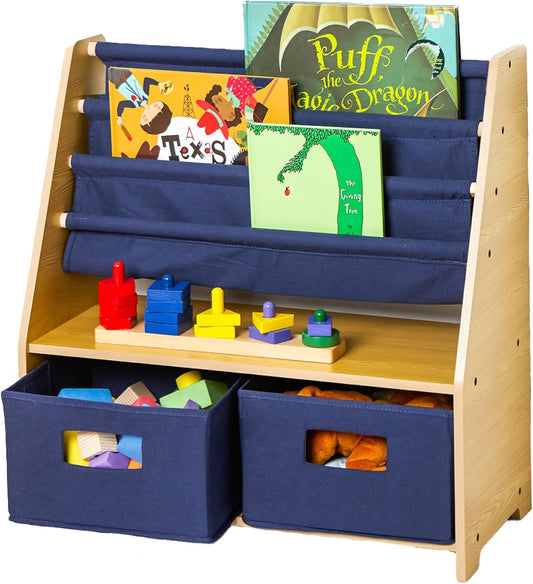 Estantería de lona con almacenamiento para niños y niñas, diseño de madera con