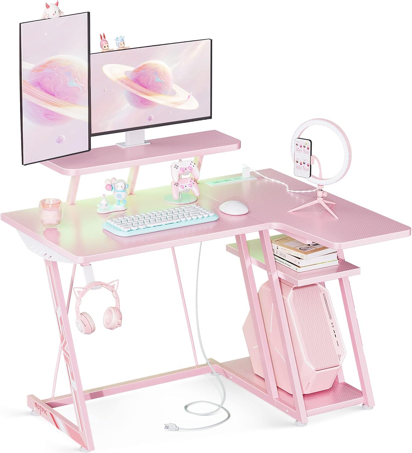 Escritorio rosa para juegos con luces LED pequeño escritorio