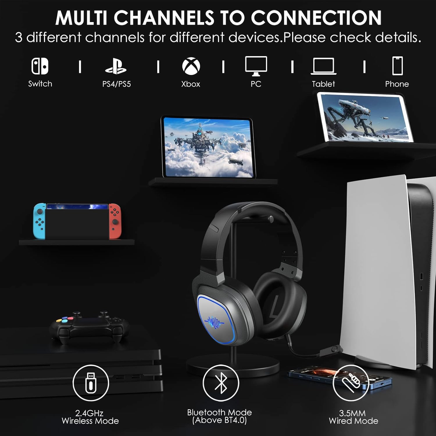 Auriculares inalámbricos para juegos para PS5, auriculares USB de 2.4 GHz  con micrófono para PS4, PC, Nintendo Switch, Mac, computadora, auriculares