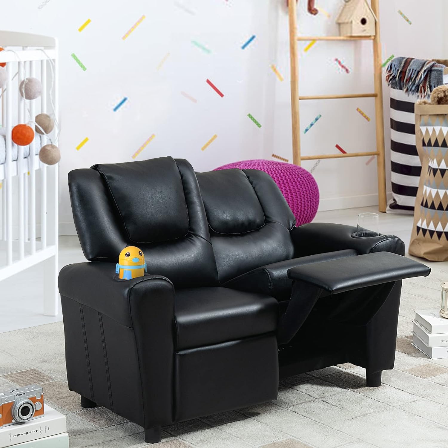 Silla reclinable para niños, sofá biplaza doble de cuero para niños con soporte