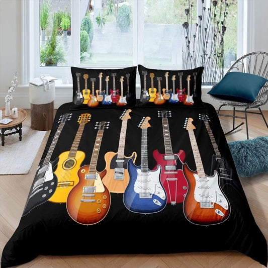 Juego de ropa de cama con estampado de guitarra, funda de edredón con temática