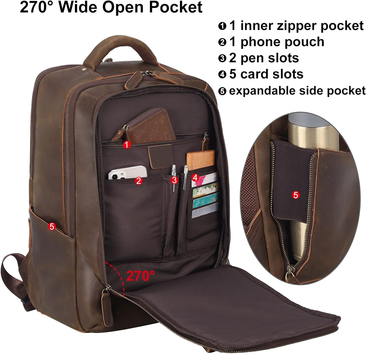 Mochila de cuero para hombre, mochila para laptop de 15.6 pulgadas, mochila  vintage de cuero de grano completo, Café compatible con portátiles de