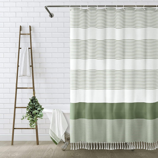 Cortina de ducha bohemia verde salvia para baño, cortina de ducha con borlas, - VIRTUAL MUEBLES