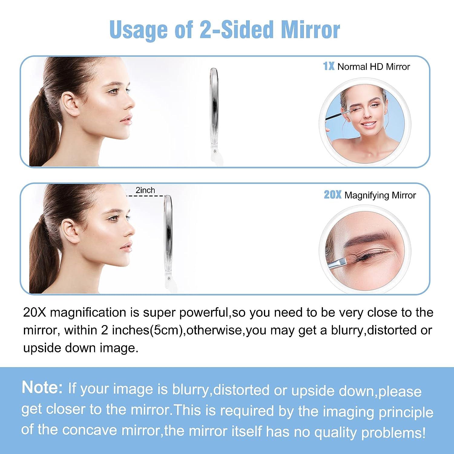 Espejo de aumento 20X, espejo de dos caras, aumento 20X/1X, espejo de  maquillaje plegable con soporte de mano, uso para aplicación de maquillaje,  pinzas y eliminación de puntos negros/imperfecciones, 4 pulgadas  transparente