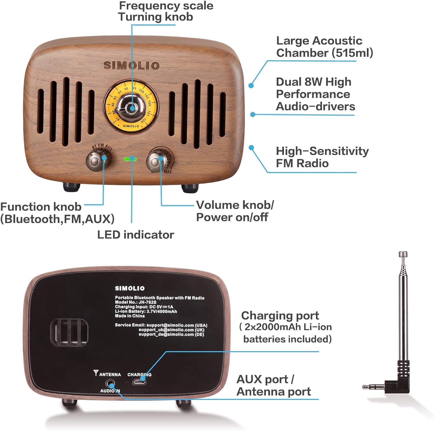 Altavoces Bluetooth retro de radio vintage, fuerte y potente sonido estéreo de