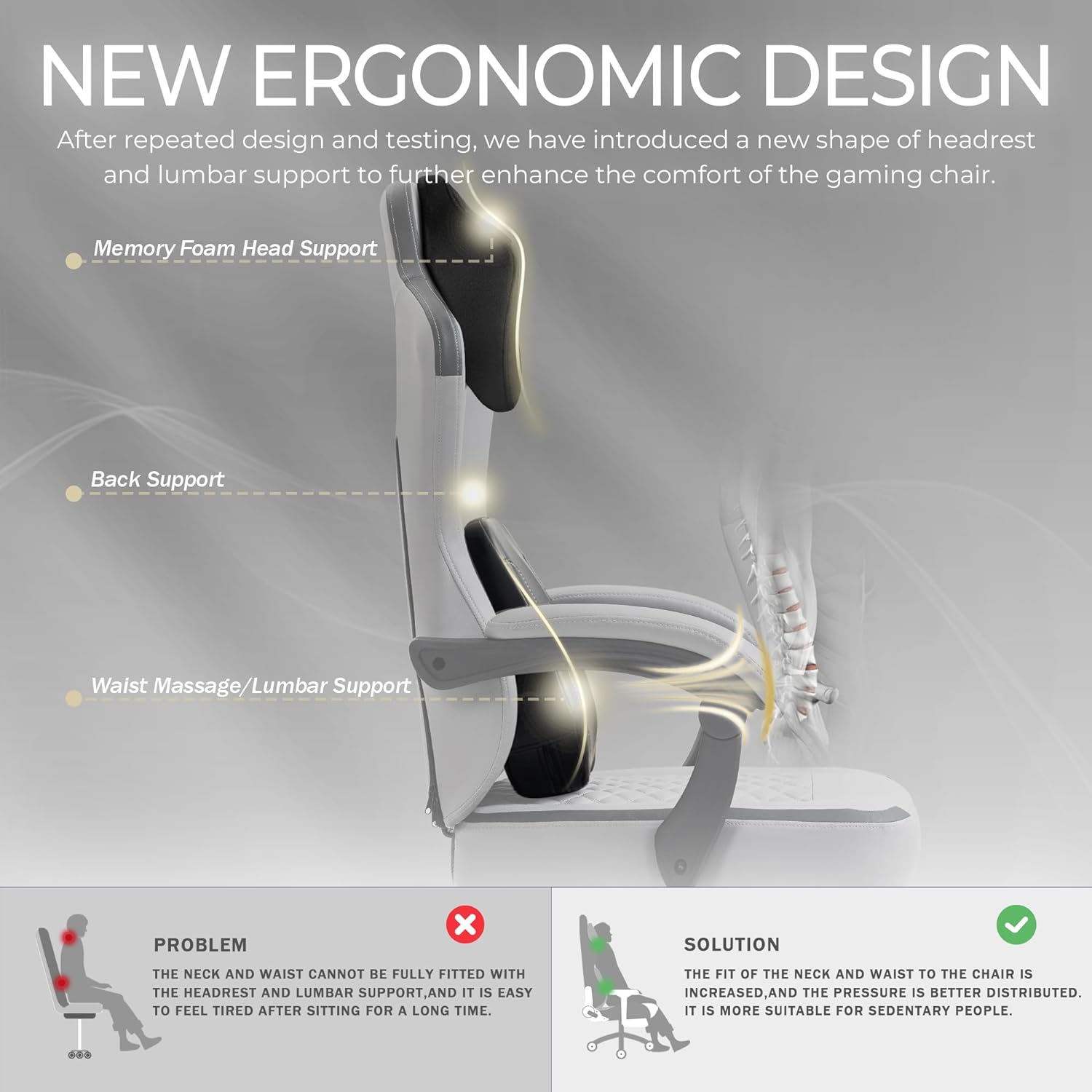 Silla de juegos con soporte lumbar de masaje térmico, silla ergonómica para